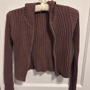 Aeropostale Ribbed Zip Up Hoodie Sweater Brown Fitted Y2K Style Size SM Coquette